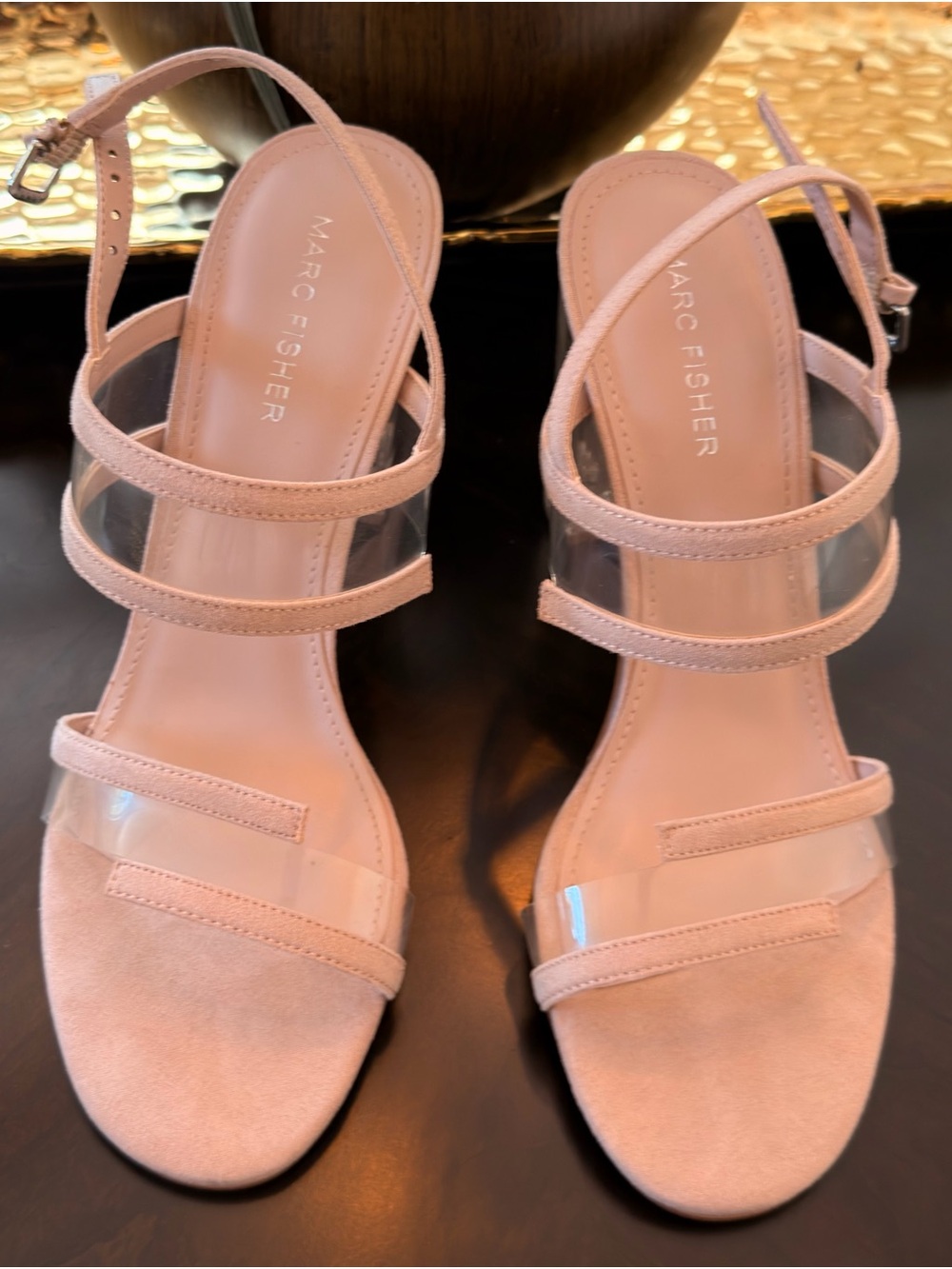Marc Fisher Pink Suede & Clear Strap Block Heel Sandals